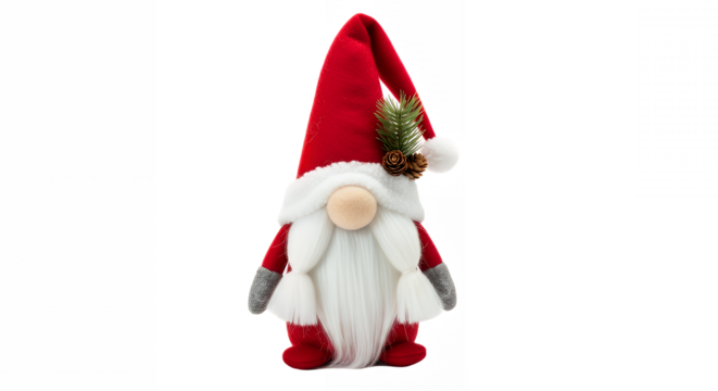 Festive christmas gnome wearing a red hat with a pine sprig decoration
