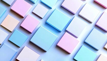 A collection of square objects in pastel shades of pink, blue, and white are arranged in a repeating diagonal pattern.