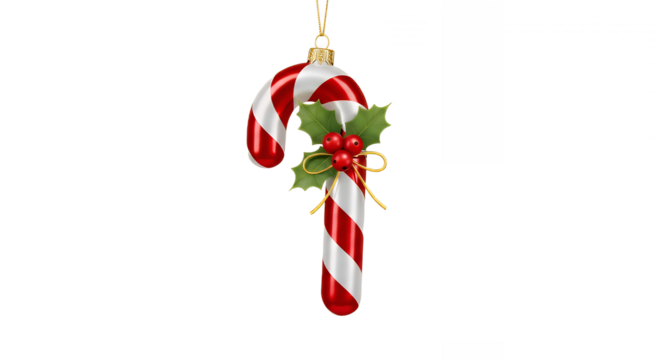 Festive candy cane ornament with holly berries for holiday season decoration