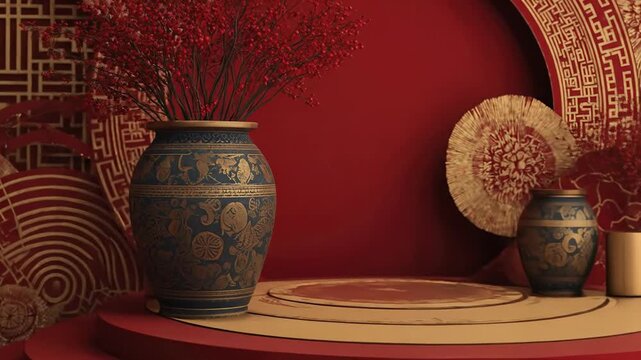 An ornate blue and gold vase with red branches on a tiered red platform set against a red and gold patterned background with decorative objects