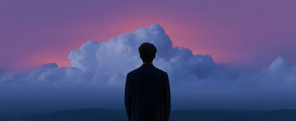 The man watches white clouds dance like lazy ghosts across the horizon.