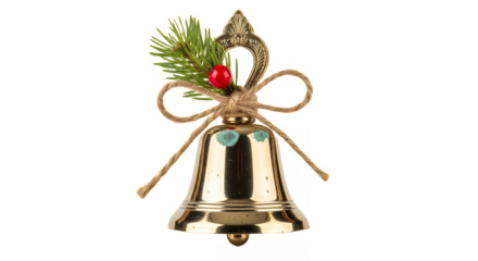 Festive golden christmas bell ornament tied with twine on transparent background
