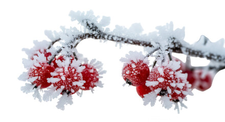 Red berries covered in frost clinging to a branch against a on transparent background