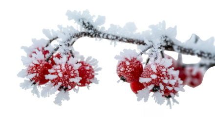 Red berries covered in frost clinging to a branch against a on transparent background