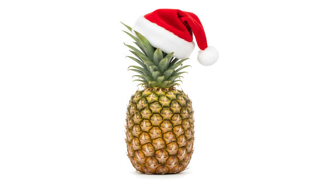 Festive Pineapple with Santa Hat on White Background