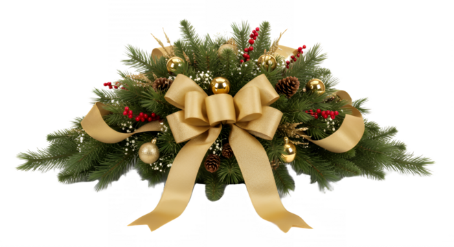 Festive christmas centerpiece with gold ribbon and ornaments on evergreen branches on transparent background - Powered by Adobe