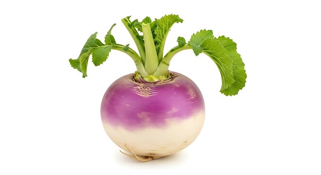 Single purple and white turnip vegetable with green leaves on white background root food