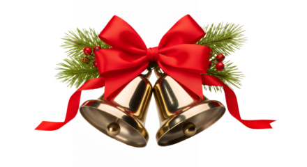 Golden christmas bells with red ribbon and pine branches on transparent background