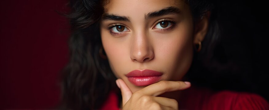 The woman biting her lip shows a thoughtful and contemplative demeanor. - Powered by Adobe