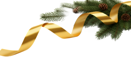 Festive christmas arrangement with gold ribbon and pine branches on transparent background