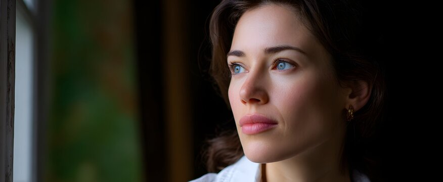 The woman’s thoughtful expression reveals deep reflection as she gazes through the window. - Powered by Adobe