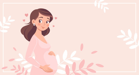 Cute expectant mother with flowers on pink background with flowers. 