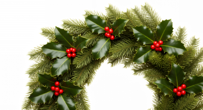 Festive christmas wreath with holly leaves and berries on transparent background