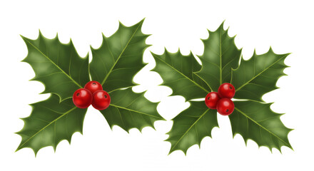 Two sprigs of holly with bright red berries for the holidays on transparent background