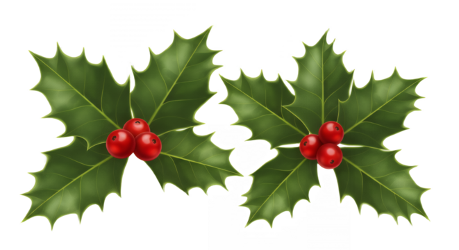 Two sprigs of holly with bright red berries for the holidays on transparent background