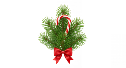Festive christmas tree branch with candy cane and red bow for holiday cheer on transparent background