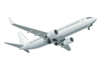 White passenger jet airplane ascending isolated on a transparent background