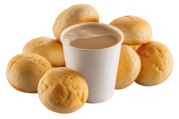 White paper cup of coffee surrounded by bread rolls isolated on a transparent background