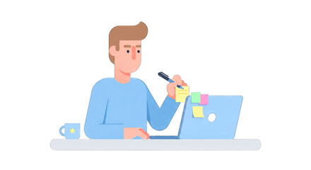 Man working on laptop with sticky notes and pen.