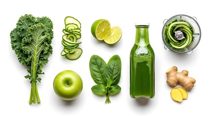 Green juice ingredients including kale apple cucumber lime spinach mint ginger and a blender with a bottle of green juice
