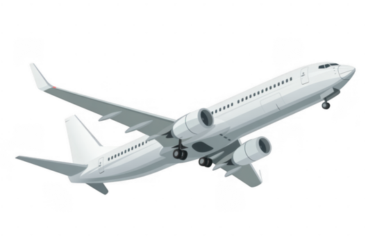 White passenger jet airplane ascending isolated on a transparent background
