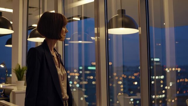 Woman stands by window overlooking city skyline at night. Businesswoman quietly watches reflection in glass. Skyscraper light grid fills distant city view. Professional takes quiet pause after work.