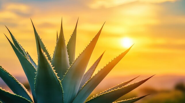 Aloe plant with glistening leaves against a golden sunset - Powered by Adobe
