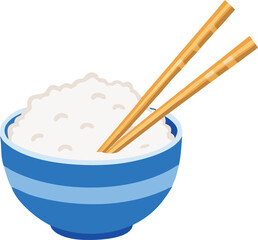 A simple illustration depicts a blue bowl filled with white rice and chopsticks