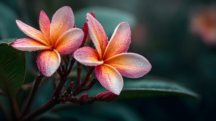 Fototapeta premium Beautiful close-up of delicate pink and orange plumeria flowers, with a few unopened buds, against a dark and moody, out-of-focus background.