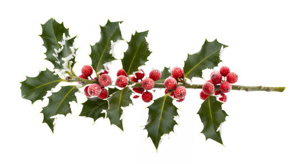 Frosted holly branch with red berries against a for the holidays on transparent background