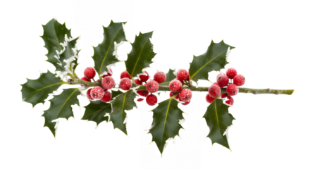Frosted holly branch with red berries against a for the holidays on transparent background