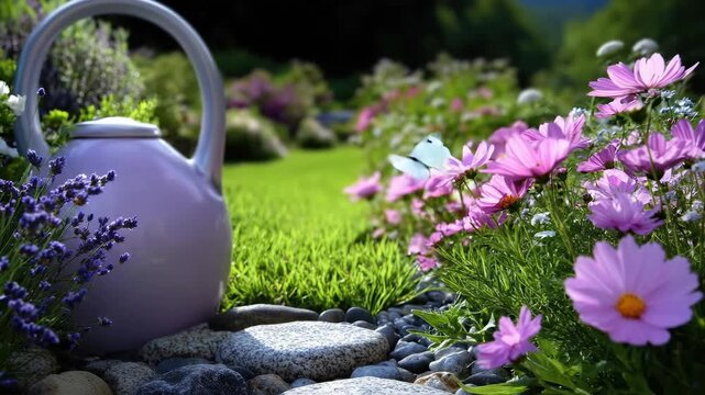 A vibrant garden scene unfolds with delicate pink cosmos flowers, fragrant lavender blooms, a soft green lawn, smooth grey stones, a cheerful white butterfly gracefully flitting purple wildflowers,