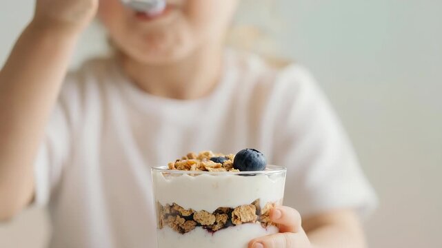 Child Enjoys Yogurt Parfait with Granola and Blueberries: Healthy Snack