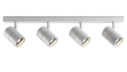 White track light fixture with four spotlights isolated on a transparent background