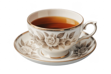 White teacup with rose pattern and tea isolated on a transparent background