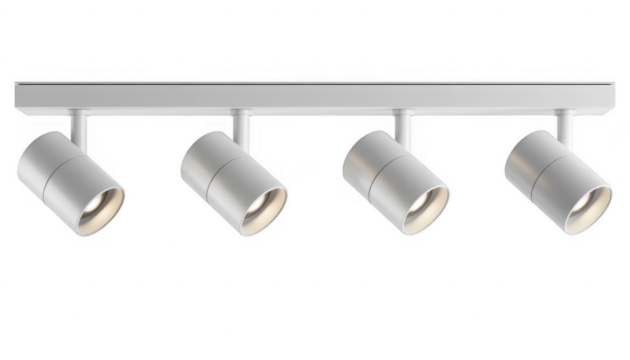 White track light fixture with four spotlights isolated on a transparent background