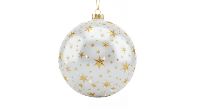Elegant white christmas ornament with golden stars hanging against black backdrop on transparent background