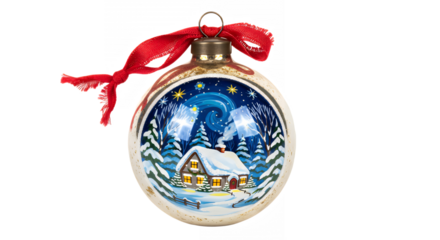 Christmas ornament featuring a winter scene with a snow covered cottage at night on transparent background