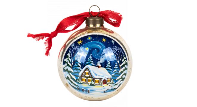 Christmas ornament featuring a winter scene with a snow covered cottage at night on transparent background - Powered by Adobe