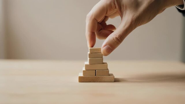 Building Blocks: Hand Stacking Wooden Cubes in Pyramid Formation