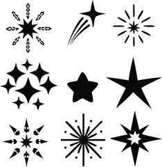 A collection of various black star and sparkle shaped vector design elements