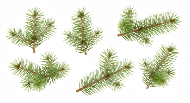 Six evergreen fir tree branches for holiday design on transparent background