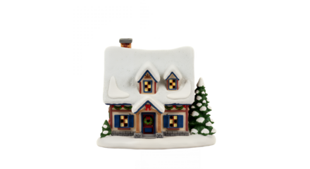 Charming christmas village house covered in snow with christmas trees around it on transparent background