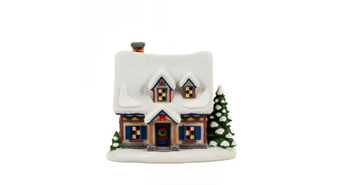 Charming christmas village house covered in snow with christmas trees around it on transparent background - Powered by Adobe
