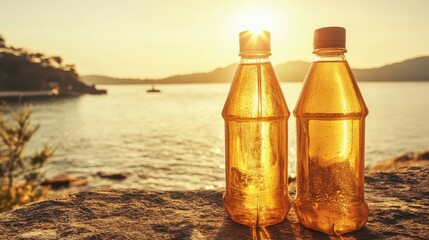 Bottles of golden liquid standing near ocean during sunset