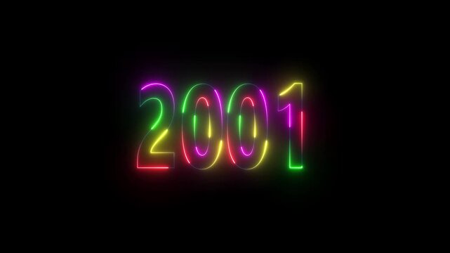 Glowing neon sign with the year 2001 in a spectrum of vibrant colors on a black background lights