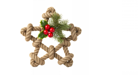 Festive rope star decoration with holly and pine needles on transparent background