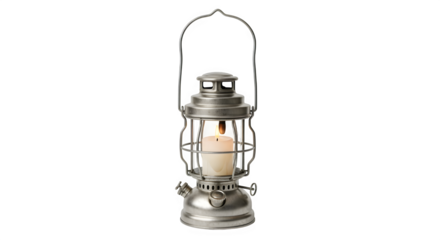 Vintage silver lantern with candle isolated on transparent background