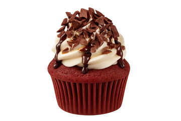 Red velvet cupcake with cream cheese frosting, chocolate syrup, and chocolate shavings on transparent background