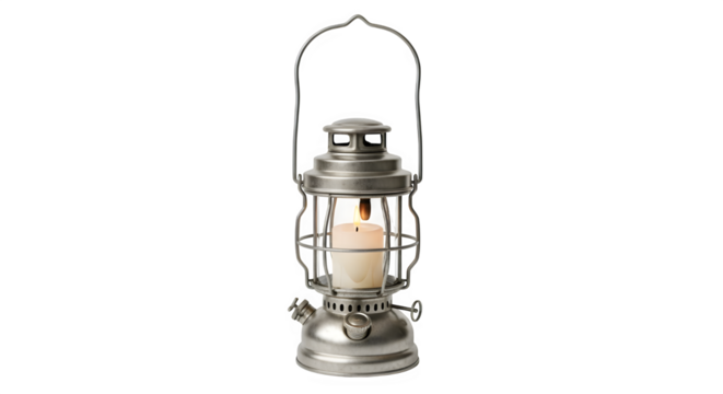 Vintage silver lantern with candle isolated on transparent background